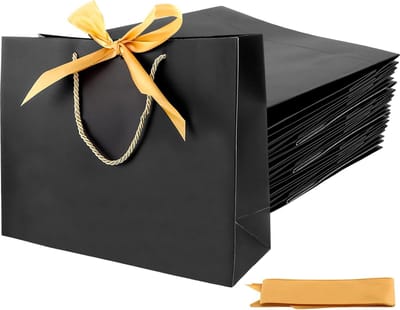 Geschenktas set zwart met gouden striklinten 24 stuks - 32 x 25 x 11 cm, geschikt voor bruiloften, Kerstmis, feesten.