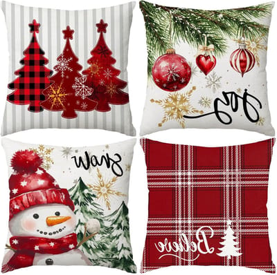 Decoratieve Kussenhoezen voor Kerstmis 50 x 50 cm, Set van 4 met Boerderij Themapatroon, Sneeuwpop en Buffalo Plaid voor de Bank