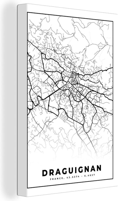 Canvas Schilderij Plattegrond - Draguignan - Kaart - Frankrijk - Stadskaart - Zwart wit - 20x30 cm - Wanddecoratie