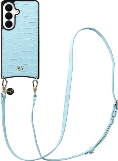 AVY Leren Hoesje Geschikt voor Samsung Galaxy S26 Plus | Compatibel met MagSafe | Leather Case met Telefoonkoord | Crossbody | Croco Blauw | Long Leather