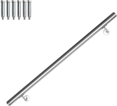 Trapleuning Roestvrij staal leuning zilver 100 cm Ø 42 mm V2A Roestvrij Staal reling wandleuning, voor wandtrap, voor binnen en buiten, inclusief wandhouder en eindkappen