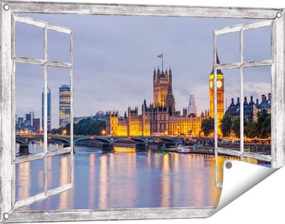 Gards Tuinposter Doorkijk London Big Ben en Westminster Brug - 90x60 cm - Tuindoek - Tuindecoratie - Wanddecoratie buiten - Tuinschilderij