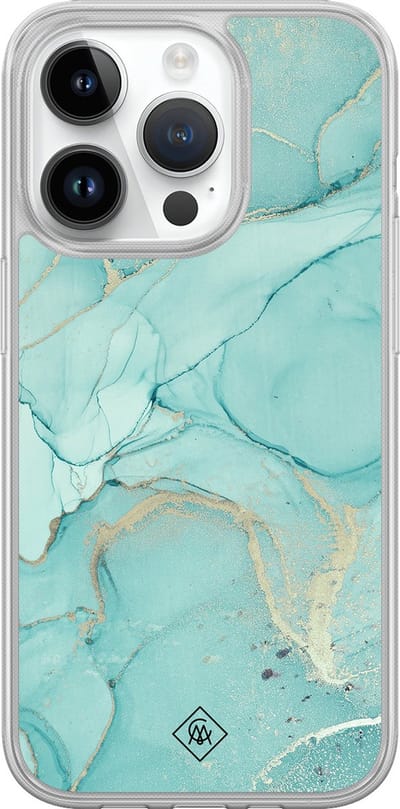 Casimoda® hoesje - Geschikt voor iPhone 14 Pro - Marmer mint groen - 2-in-1 case - Schokbestendig - Marble design - Verhoogde randen - Mint, Transparant