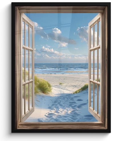 Poster in lijst - Fotolijst 50x70 cm - Posters - Doorkijk - Strand - Raam - Duinen - Zee - Posterlijst zwart - Decoratie - Wanddecoratie woonkamer - Muurdecoratie slaapkamer