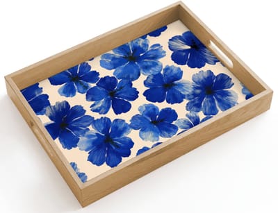 Dienblad hout 40x30 cm - Schootdienblad - Bloemen - Blauw -Patroon - Wit - Borrelplank rechthoek - Plateau dienbladen