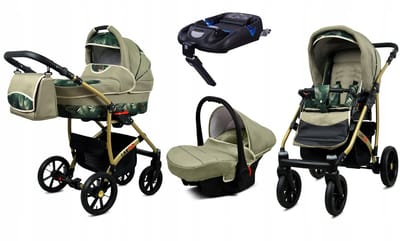 BabyLux® Kinderwagen 4in1 – LARGO - FERN LEAF GOLD FRAME - Opklapbare Wandelwagen incl. Reiswieg, Multifunctionele Buggy Sportstoel, Autostoel, ISOFIX basisstation - Combi-kinderwagen met Luiertas, Regenhoes, Klamboe