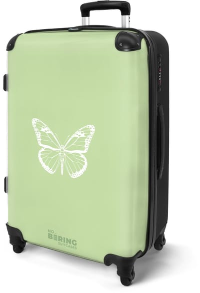 NoBoringSuitcases.com® - Koffer groot - Rolkoffer lichtgewicht - Groen met witte vlinder - Reiskoffer met 4 wielen - Grote reis trolley XL - Luggage suitcase - Hardcase reistrolley medium - 20 kg bagage