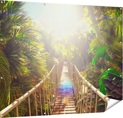 Gards Tuinposter Houten Brug in de Tropische Jungle - 150x120 cm - Tuindoek - Tuindecoratie - Wanddecoratie buiten - Tuinschilderij