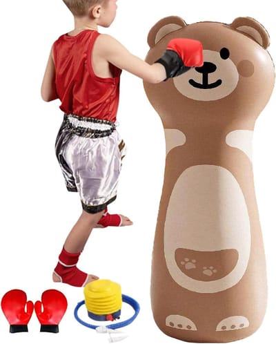 Kinder Bokszak - Boksbal Set - Coördinatie Oefenen - Stabiele Waterbasis - 42x120 cm - Bruine Beer