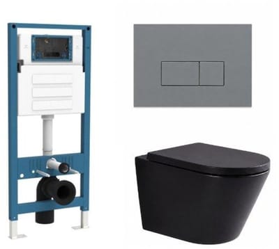 QeramiQ Dely Toiletset - inbouwreservoir Qeramiq Flush - 35mm zitting - kunststof licht grijze bedieningsplaat - rechthoekige knoppen - mat zwart