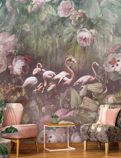 INGK - Floral Utopia Behang - Flamingo Found Dark