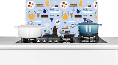 Spatscherm keuken 60x30 cm - Kookplaat achterwand Patronen - Cupcake - Theepot - Thee - Muurbeschermer - Spatwand fornuis - Hoogwaardig aluminium
