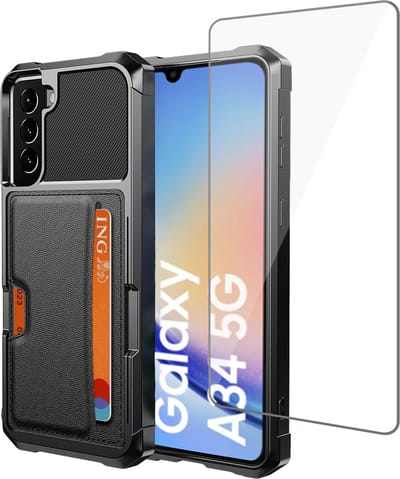 Pasjes houder Hoesje geschikt voor Samsung A34 + Screenprotector - Heavy Duty Case - Magnetisch Portemonnee Hoesje Cover - Gehard Glas Cover - Zwart