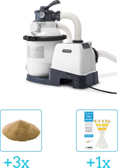 Intex 26644GS Zandfilterpomp - SX1500 - 4000 liter per uur inclusief Interline Vulling Zandfilter 0.4/0.8mm - Zwembad-Toebehoren - 25 kg (3 stuks) & WAYS Testrips (1 stuks)