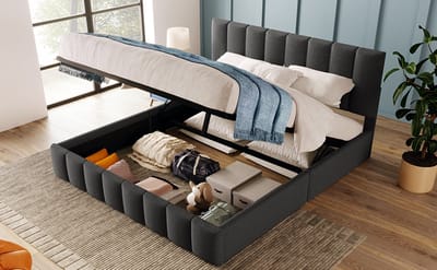 Hydraulisch tweepersoonsbed – bed met zachte matras – 140 x 200 cm – verstelbaar hoofdeinde – metalen lattenbodem – linnen bekleding – modern bedframe met opbergruimte – grijs (zonder matras)