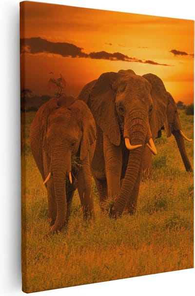Artaza Canvas Schilderij Olifanten Safari - 40x50 cm - Wanddecoratie Woonkamer - Muurdecoratie Dieren - Kamer Accessoires