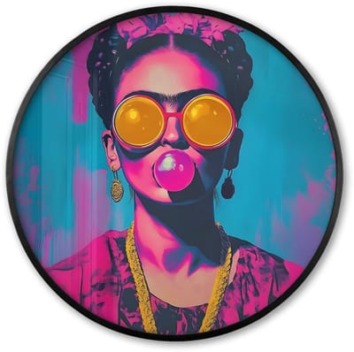 Poster in lijst Rond - Fotolijst 60x60 cm - Posters - Vrouw - Kauwgom - Zonnebril - Oranje - Ronde posterlijst zwart - Decoratie - Wanddecoratie woonkamer - Muurdecoratie slaapkamer