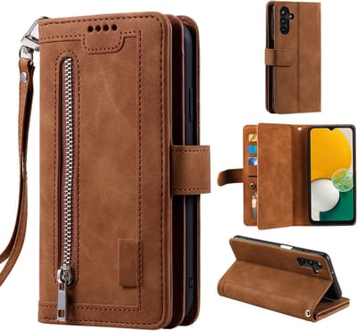 Hoesje geschikt voor Samsung Galaxy S24, flipcover, leren hoesje, rits, magnetische sluiting, portemonnee, 9 kaartsleuven, standaard, vintage, mat, leren hoesje, bruin