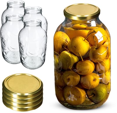 KADAX Glazen Pot 5L voor Jam, Honing, Komkommers, Fruit met Groot Patroon 5000ml + Gouden Dekseltjes 4 stuks.