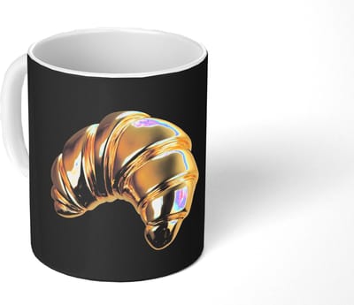 Mok - Koffiemok - Croissant - Brood - Goud - Zwart - Mokken - 350 ML - Beker - Koffiemokken - Theemok