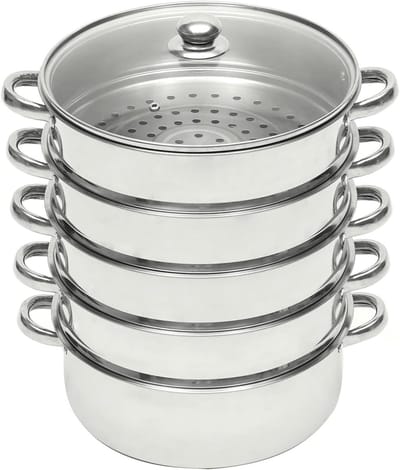 5-laags Stoomkoker - Stoompan Roestvrijstaal - Gezond Koken - Ruimtebesparend Stapelbaar - Ø 26 cm - Zilver