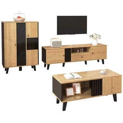 Merax 3-delige woonkamermeubelset - salontafel + tv-meubel + dressoir - met opbergruimte - spaanplaat - naturel