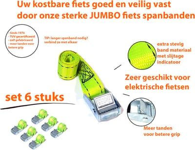 JUMBO Fiets Spanband Set – 6 Stuks – 50cm x 25mm – 250KG – Met Metalen Gesp – Voor Fietsdrager, Auto, Caravan & Camper