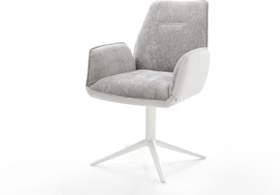Eetkamerstoel Zoa-Flex kruispoot wit materiaalmix echt leer wit-zilver grijs 360° draaibaar rocker-functie pocketveer kern