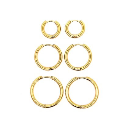 CO88 Collection 9SIL-SET0043 Ear Party - 3 mtn Stalen Oorringen - Oorbellen - 15+21+25mm - 2.7mm Buis - Scharnier - Goudkleurig