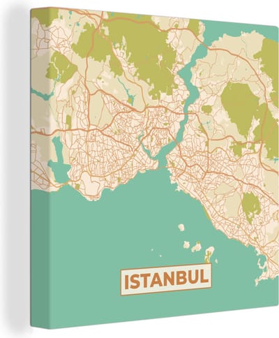 Canvas Schilderij Kaart - Istanbul - Plattegrond - Stadskaart - Vintage - 20x20 cm - Wanddecoratie