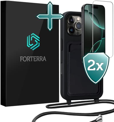 Hoesje Geschikt voor iPhone 16 Pro Pashouder Case Siliconen Hoes Met Koord Met 2x Screenprotector - Hoes Geschikt voor iPhone 16 Pro Met Telefoonkoord Hoesje Back Cover Met Pasjeshouder - Zwart