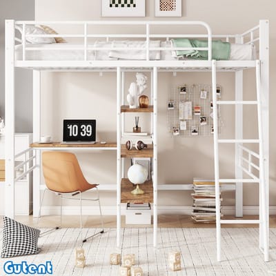 Gutent Hoogslaper-90*200 cm-Geen matras-met-bureau-ijzeren frame-Wit-Geen stoel