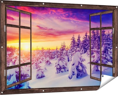 Gards Tuinposter Doorkijk Zonsondergang in het Sneeuw Bos - 150x100 cm - Tuindoek - Tuindecoratie - Wanddecoratie buiten - Tuinschilderij