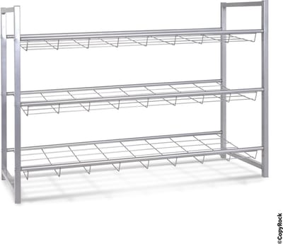 Schoenenrek – Aluminiumkleurig staal, 3 lagen – Stapelbaar heavy-duty ontwerp – 60 cm hoog, 70 cm breed, 30 cm diep