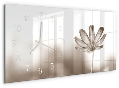 Tulup Wandklok - Bloem Decoratieve Glazen Klok - 60x30 cm - Beige Glazen Wandklok Design - Witte Handen - Rechthoekige Wandklok - Glazen Klok Met Print - Wandklok Glas Met Motief