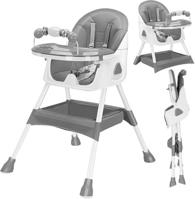 Kinderstoel - Kinderstoel inklapbaar - Baby stoel - Kinderstoel Inklapbaar – Opvouwbare Kinderstoel met Tafel & Speelgoed – 6+ Maanden – Compact & Makkelijk Schoonmaken – Grijs