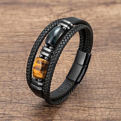 Meerlaagse Gevlochten Leren Bedelarmband Rood Blauw Tijgeroogsteen Armband Voor Mannen Eenvoudige Roestvrijstalen Sieraden Accessoires 21cm gray