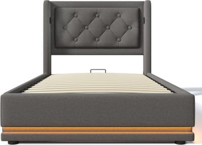 Gotagee Gestoffeerd bed 90x200cm eenpersoonsbed (zonder matras) grijs katoen hydraulisch opbergbed met USB Type-C oplaadfunctie en 3-zijdige LED-functie