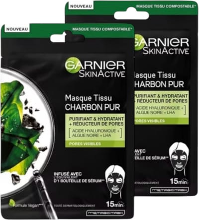 2 x Garnier skin active charcoal gezichtsmaker - masker met Glycerin en AHA + BHA