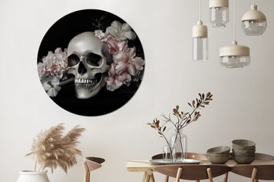 WallCircle - Wandcirkel - Muurcirkel - Skelet - Bloemen - Pink - Schedel - Botten - Aluminium - Dibond - 140x140 cm - Binnen en Buiten