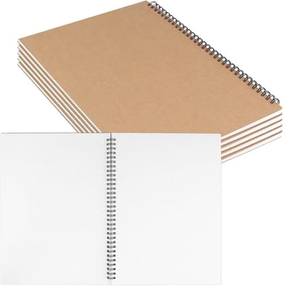 Spiraalnotitieboek A4 met vierkant raster, kraftomslag, 100 gsm papier, 50 vellen, 6-pack voor school en kantoor