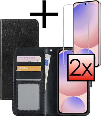Hoesje - Met 2x Screenprotector - Geschikt voor Samsung Galaxy S24 FE - Luxe Pasjeshouder - Bookcase Portemonee - Flip Case - Kunstleer Book Case - Flipcase Hoes - Book Cover - Walletcase - Portemonneehoes - Zwart