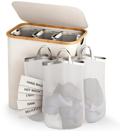 Dailygoods- Wasmand 3 Vakken - Wasmand met Deksel - Wassorteerder - Opbergmand - 160L - Verstelbaar - Praktische Hulp voor Organisatie - Wascontainer
