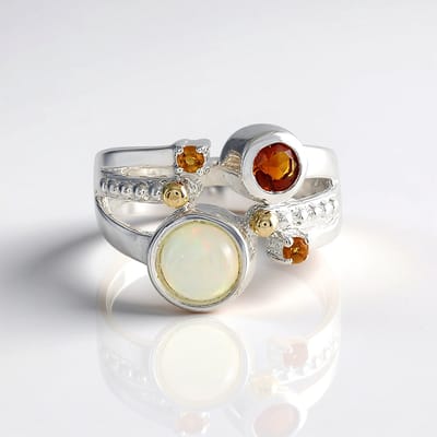 Cavill - Zilveren ring met Welo-opaal 0,507 ct & citrien accenten - 925 Sterling Zilver - 14K Goud granulaties - Ronde cabochon ring met edelstenen