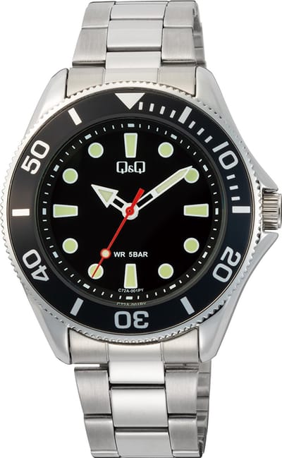 Q&Q C72A-001VY - Horloge - Polshorloge - Analoog - Heren - Mannen - Stalen band - Rond - Metaal - Stippen - Strepen - Zilverkleurig - Zwart - LichtGroen