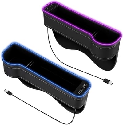 2-delige Auto Opbergdoos voor Middenconsole en Autostoel, Organizer met Bekerhouder, USB Aansluiting en LED Verlichting, Leer Auto Organizer voor Voorstoel en Passagiersstoel
