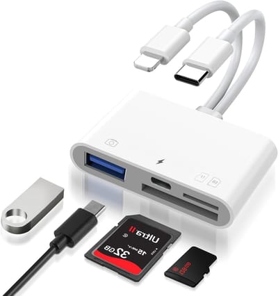 4-in-2 SD-kaartlezer voor iPhone en iPad met Lightning en USB-C, OTG-adapter voor SD/TF/USB 2.0, ideaal voor MacBook en Samsung, 10W laadaansluiting