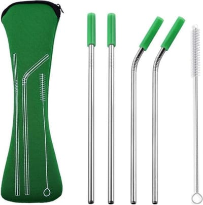Fako Bijoux® - RVS Rietjes - Herbruikbaar -  4 Stuks - 2 x Recht & 2 x Gebogen - 21 cm - 1 Schoonmaakborsteltje - Neopreen Etui - Groen