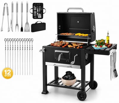 SMH LINE® BBQ houtskool XL- Smoker Barbecue - Incl. BBQ Greedschapset en 12x BBQ Spiezen - Verstelbare Kolenroosters & Inklapbare Zijtafel - Zwart