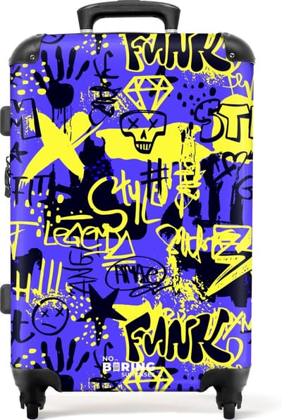 NoBoringSuitcases.com® - Koffer groot - Rolkoffer lichtgewicht - Gele en zwarte graffiti op paarse achtergrond - Reiskoffer met 4 wielen - Grote trolley XL - 20 kg bagage